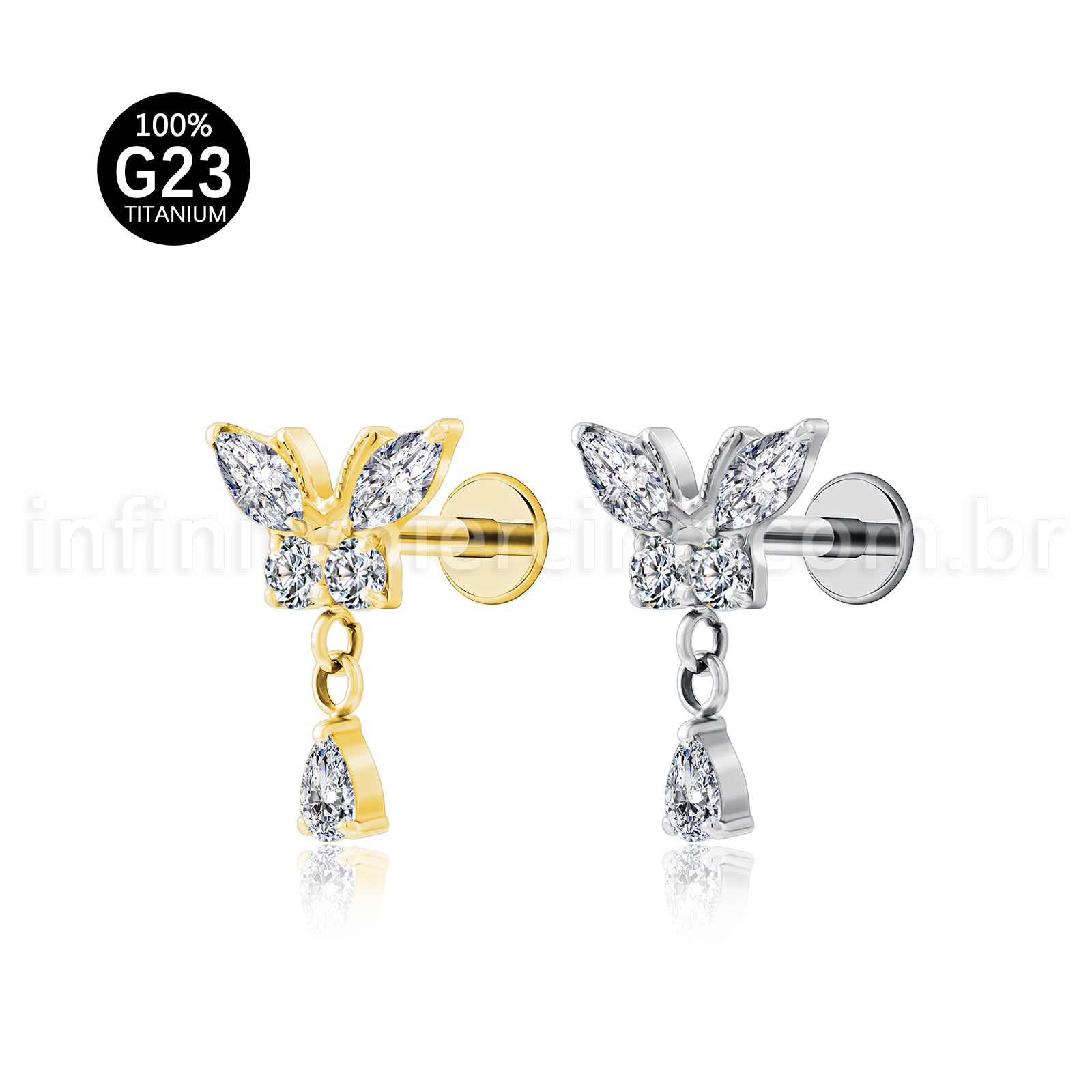 Piercing Labret Titânio Borboleta Zircônia Cravejada